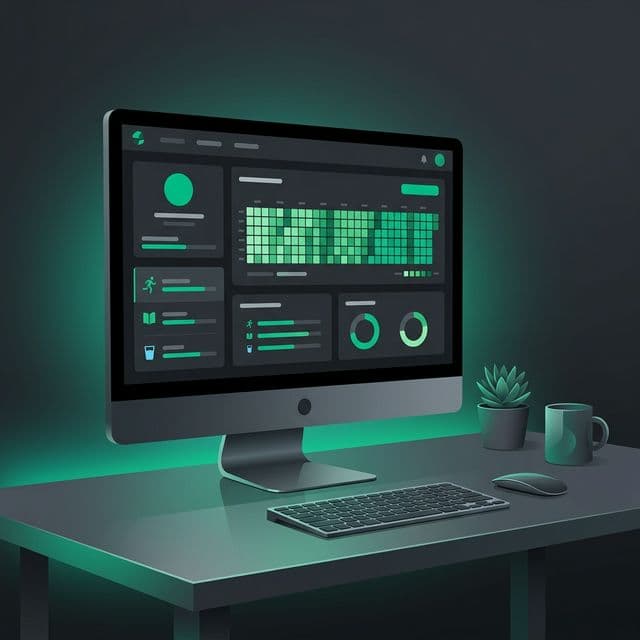 A sleek desktop monitor showing a green habit consistency dashboard heatmap