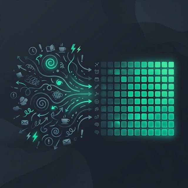 Scattered thought patterns resolving into an organized green habit consistency heatmap grid