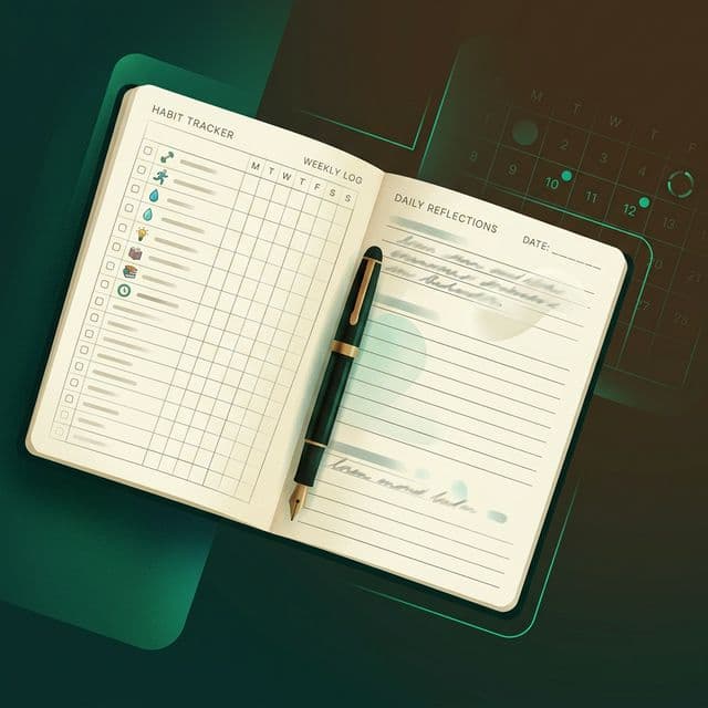 An open journal notebook with a habit checklist alongside a subtle calendar heatmap grid