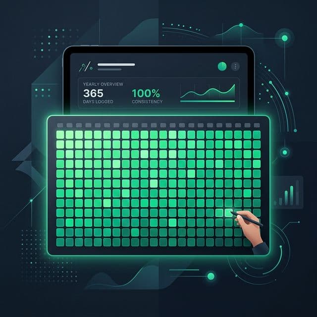 A glowing green consistency heatmap grid representing streak-free habit tracking