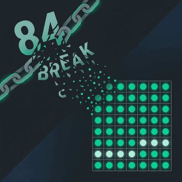 A broken chain dissolving into a calm green consistency heatmap grid